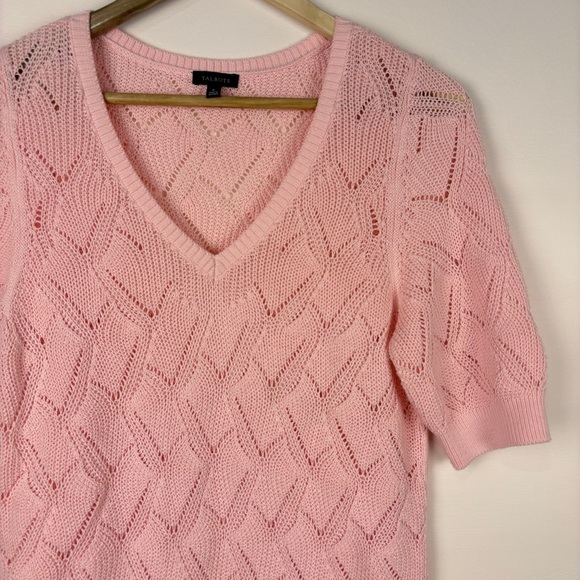 Talbots Short Sleeve Knit Crochet Pink V-Neck Sweater Cottagecore - Picture 2 of 7